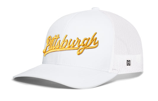 Pittsburgh Trucker Hat, white snapback showing Haka brandmark on left side of cap.