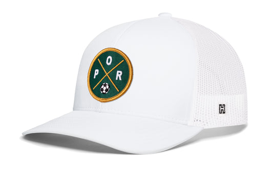 Portland Soccer Trucker Hat, white snapback showing Haka brandmark on left side of cap.