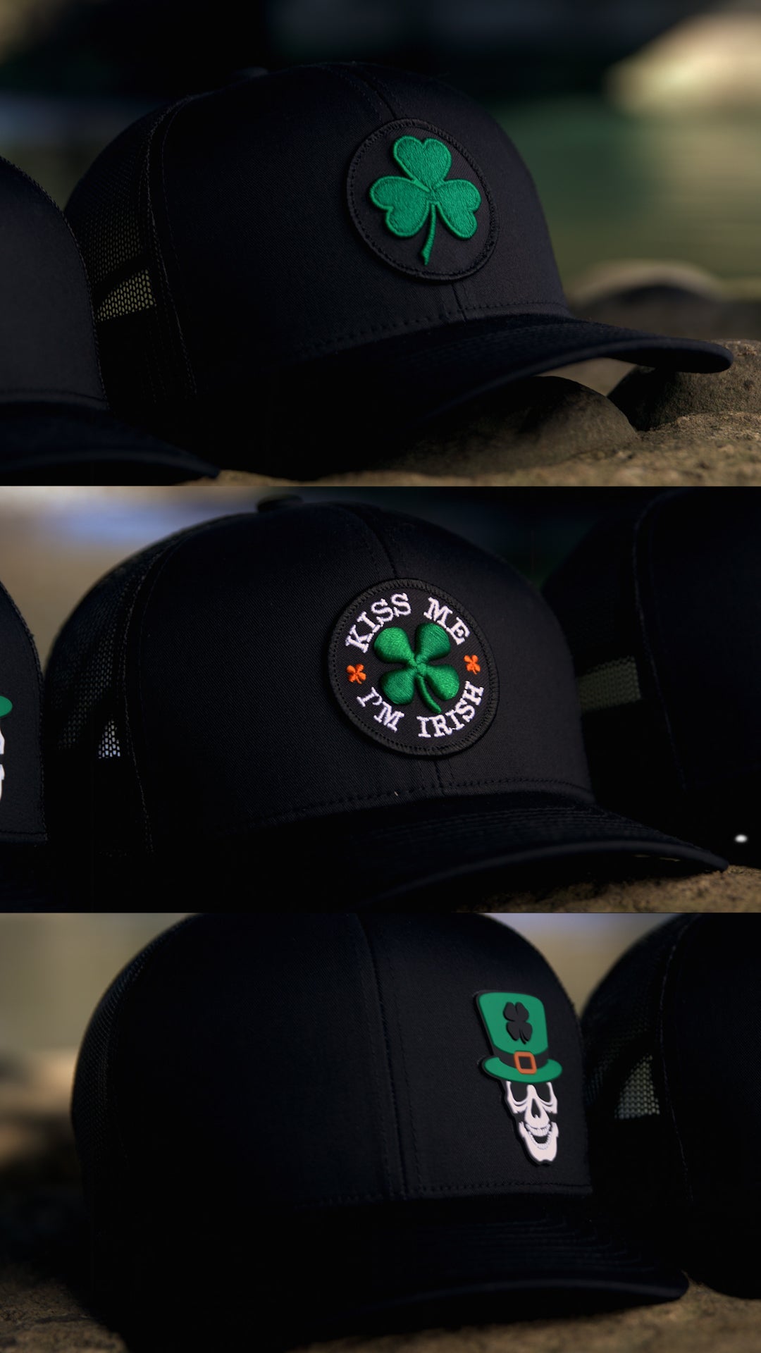 Haka Kiss Me I'm Irish Trucker Hat, Black snapback, fans of St. Paddy's Day. Video on a river.