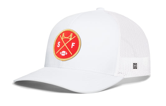 San Francisco Football Trucker Hat, white snapback showing Haka brandmark on left side of cap.