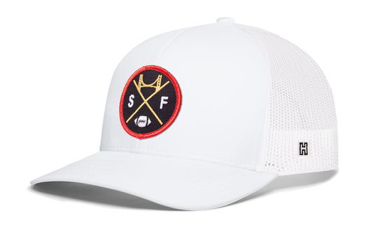 San Francisco Football Trucker Hat, white snapback showing Haka brandmark on left side of cap.