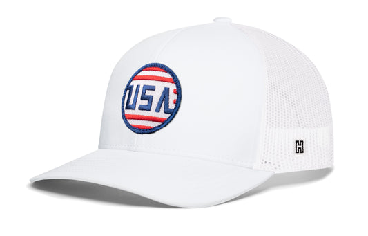 USA Stripes Trucker Hat, white snapback showing Haka brandmark on left side of cap.
