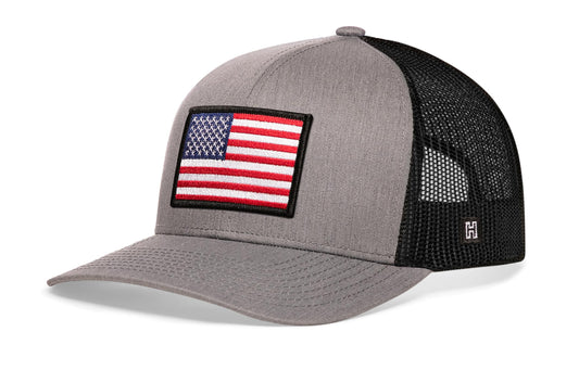Haka American Flag Trucker Hat, Gray/Black snapback, patriots and freedom loving Americans