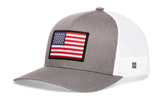 Haka American Flag Trucker Hat, Gray/White snapback, patriots and freedom loving Americans