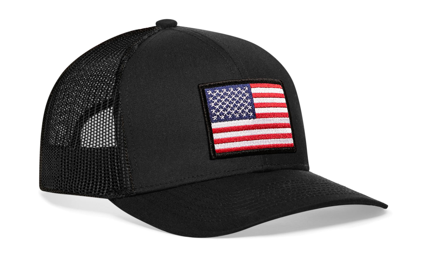 black trucker hat viewed from the right side, showcasing a American Flag Embroidered Rectangle Patch prominently displayed on the front