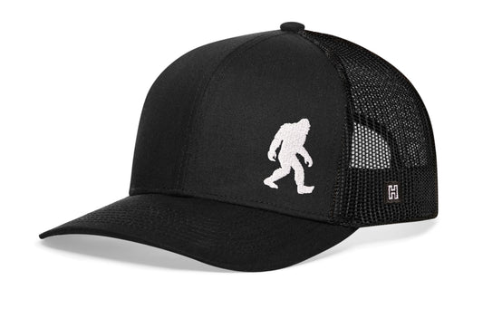 Haka Bigfoot Trucker Hat, Black snapback for wilderness explorers. Fans of Big Foot and other cryptoid.