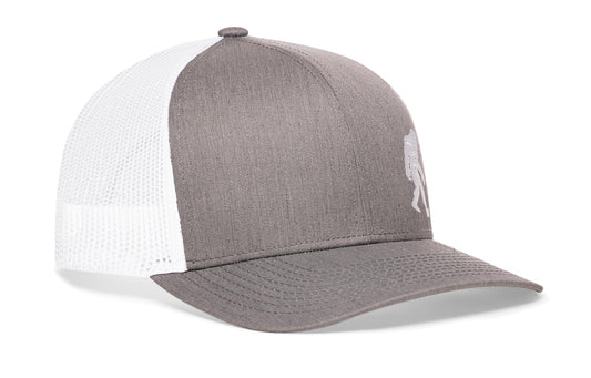 Gray-White trucker hat viewed from the right side, showcasing a Bigfoot Sasquatch Flat Embroidery prominently displayed on the front