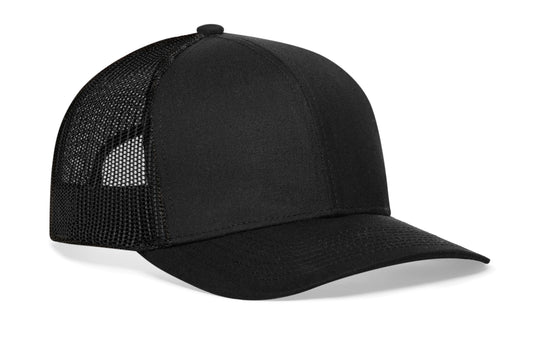 Black trucker hat viewed from the right side, showcasing a n/a, Blank Black Hat prominently displayed on the front