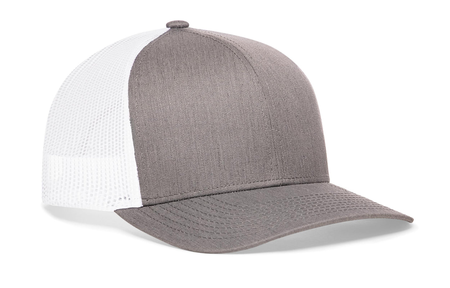 Gray-White trucker hat viewed from the right side, showcasing a n/a, Blank Gray White Hat prominently displayed on the front