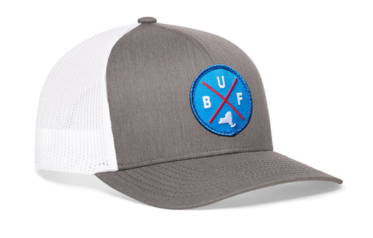 Gray-White trucker hat viewed from the right side, showcasing a Buffalo BUF X Red, White, Blue Embroidered Circle Patch prominently displayed on the front
