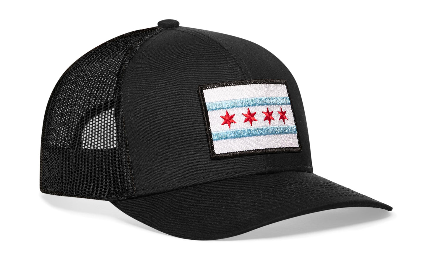 Black trucker hat viewed from the right side, showcasing a Chicago Flag Embroidered Rectangle Patch prominently displayed on the front