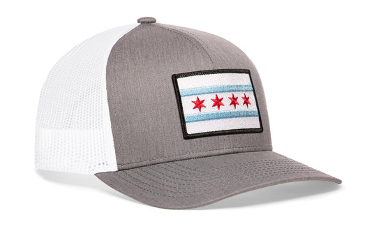 Gray-White trucker hat viewed from the right side, showcasing a Chicago Flag Embroidered Rectangle Patch prominently displayed on the front