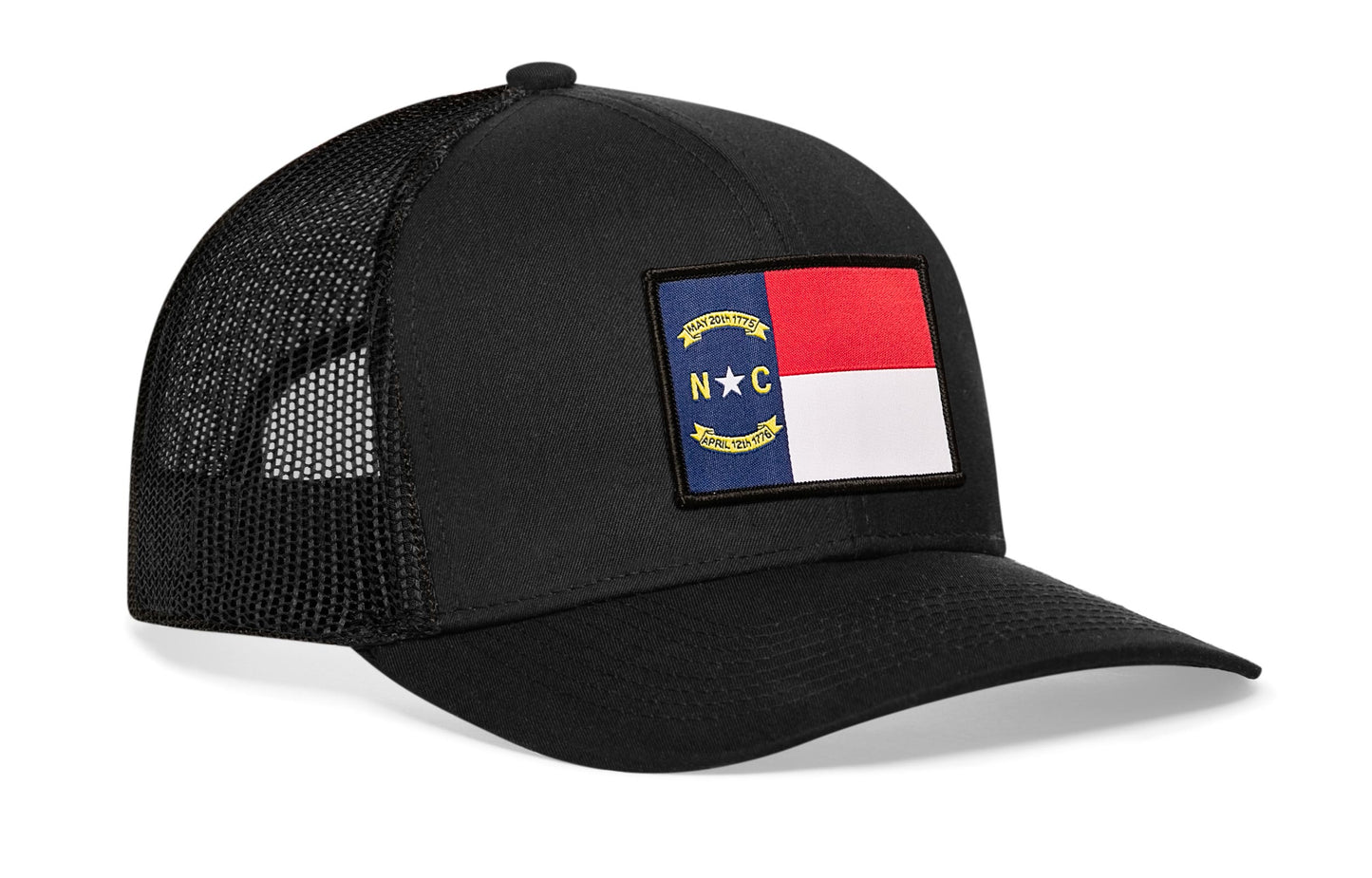 Black trucker hat viewed from the right side, showcasing a North Carolina Flag Woven Rectangle Patch prominently displayed on the front