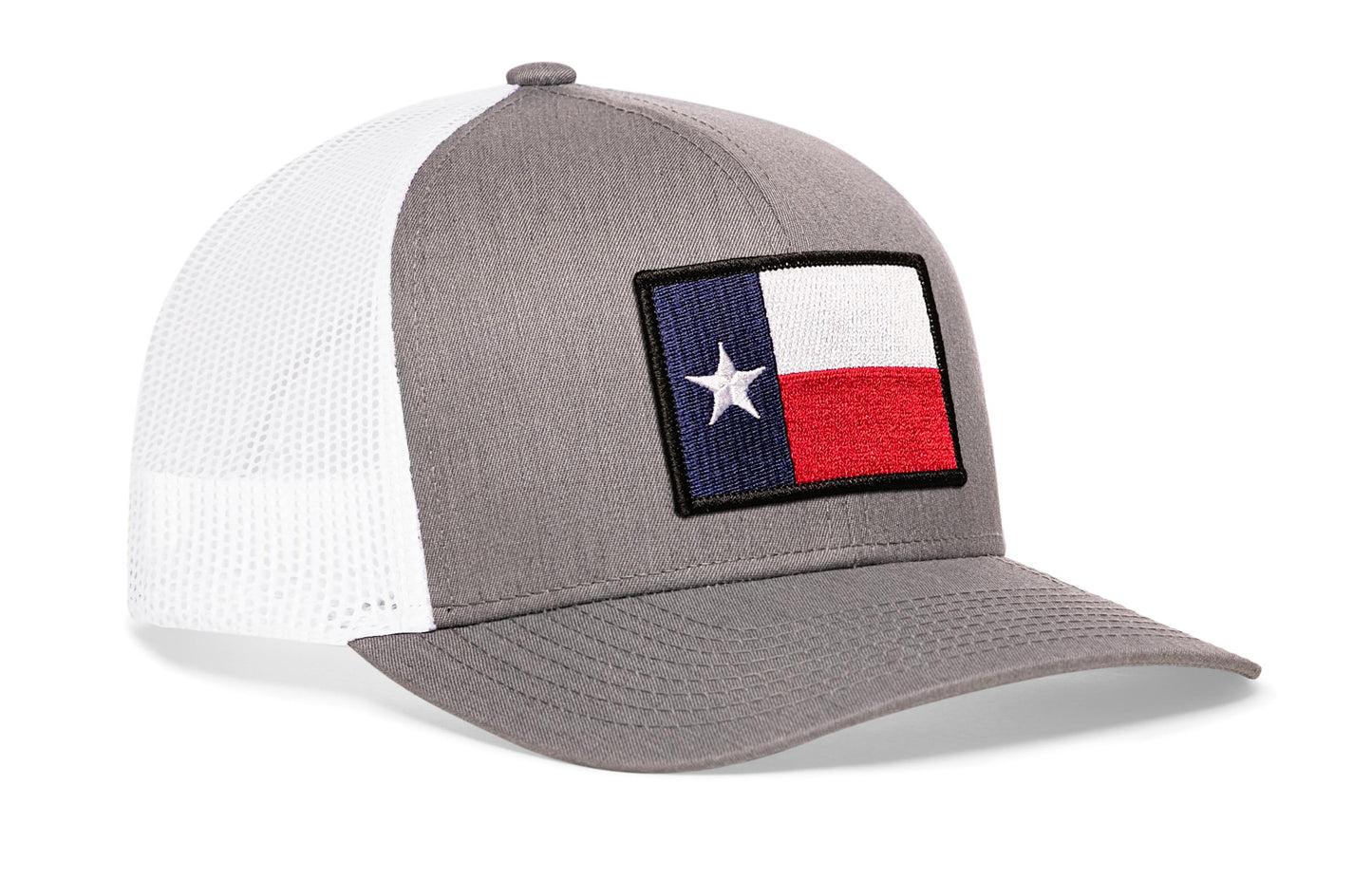 Gray-White trucker hat viewed from the right side, showcasing a Texas TX Embroidered Flag Patch prominently displayed on the front