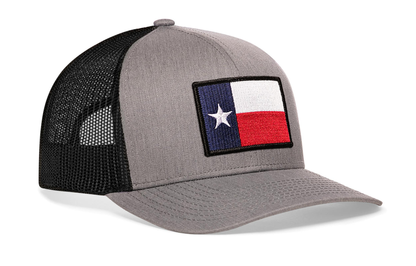 Gray-Black trucker hat viewed from the right side, showcasing a Texas Gray-Black TX Embroidered Flag Patch prominently displayed on the front