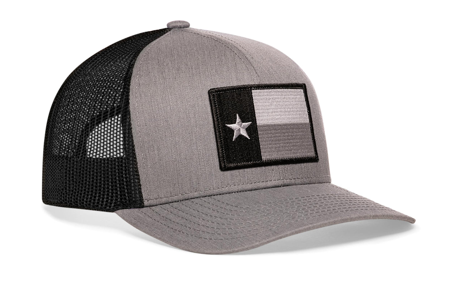 Gray-Black trucker hat viewed from the right side, showcasing a Texas Gray-Black TX Tactical Embroidered Flag Patch prominently displayed on the front
