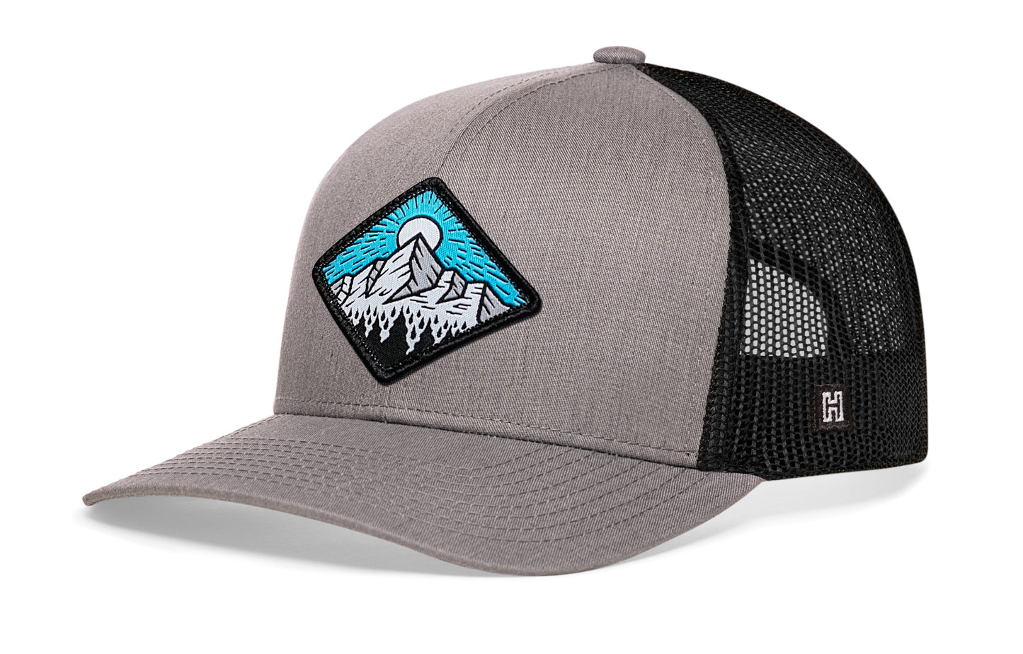Gorra de camionero con montañas y árboles | Gorra snapback gris y negra para actividades al aire libre