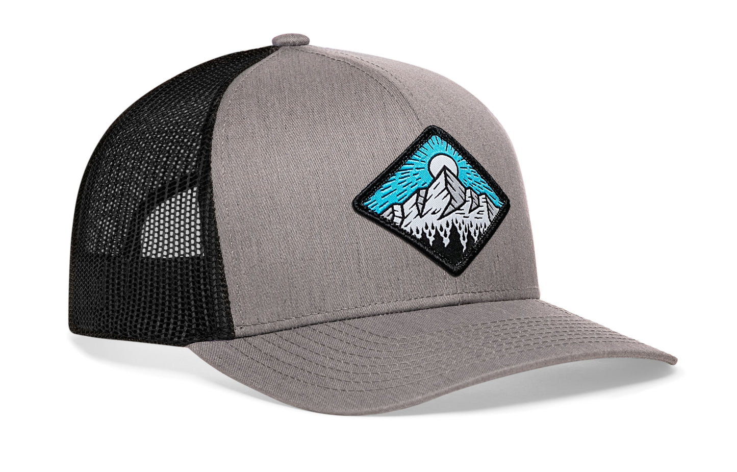 Gorra de camionero con montañas y árboles | Gorra snapback gris y negra para actividades al aire libre