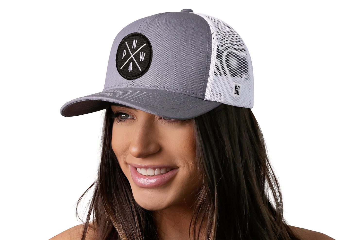 Gorra de camionero PNW | Gorra snapback gris y blanca del Pacífico Noroeste