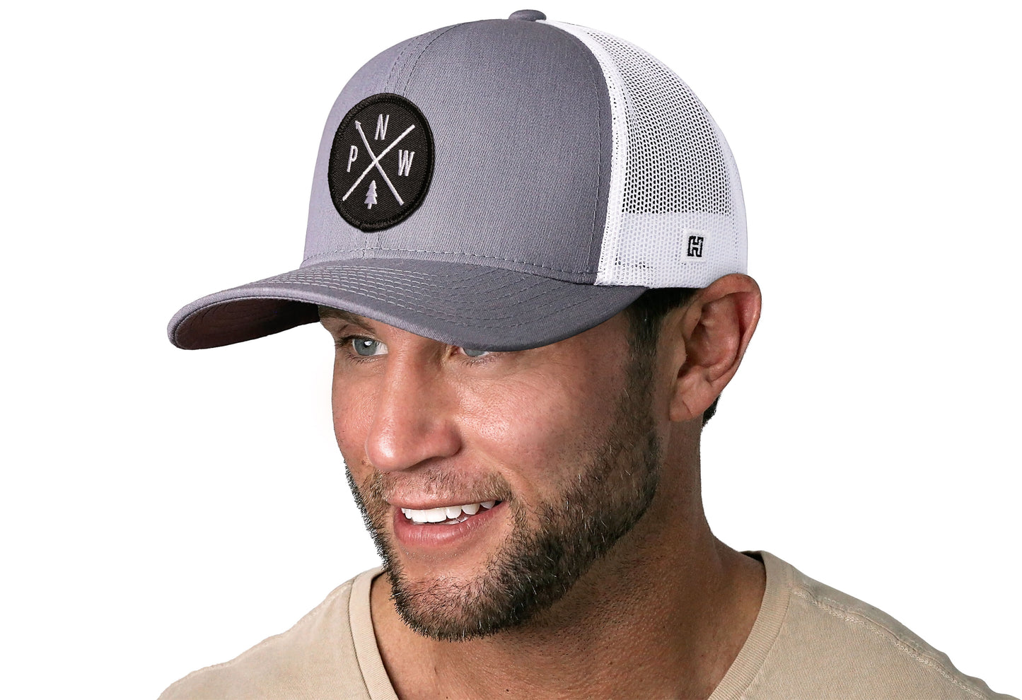 Gorra de camionero PNW | Gorra snapback gris y blanca del Pacífico Noroeste