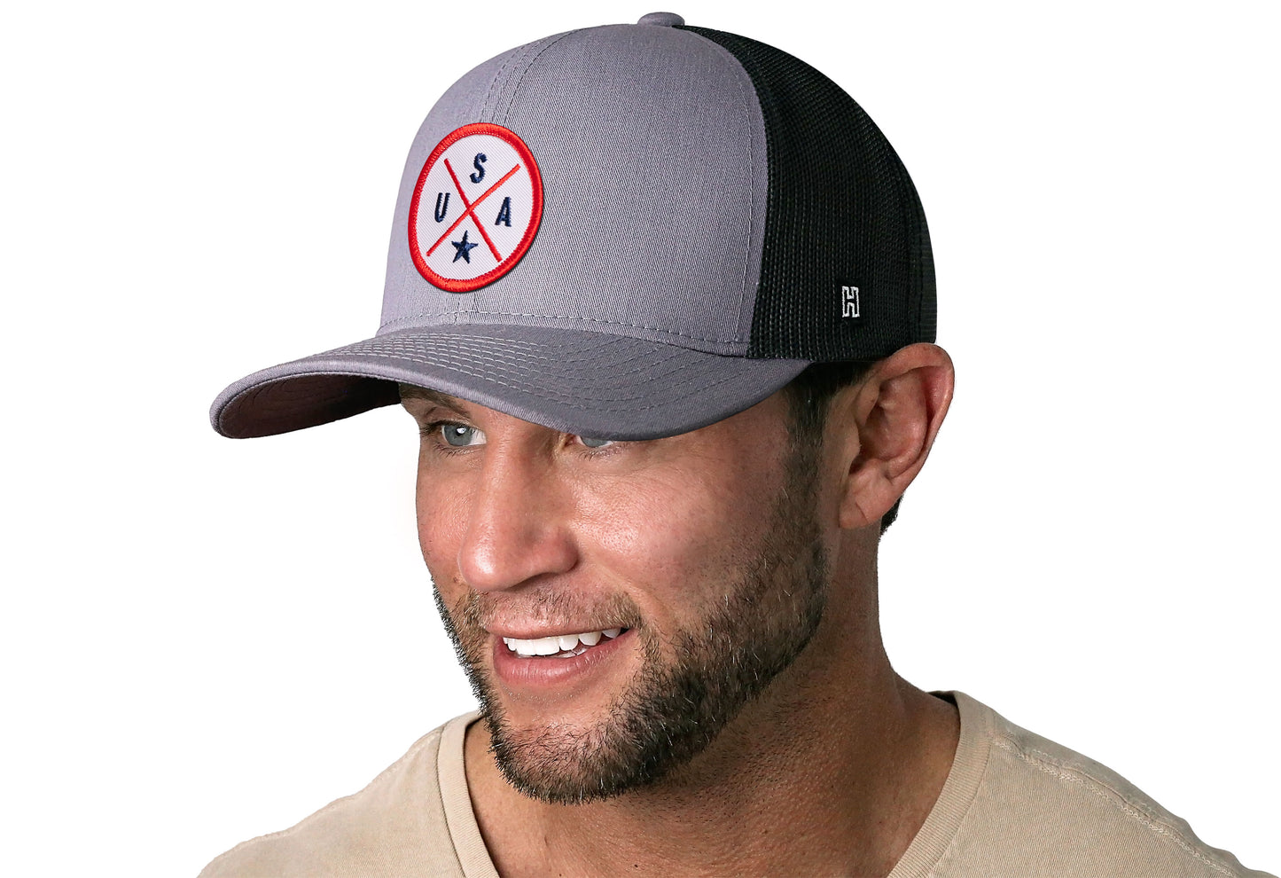 Gorra de camionero de EE. UU. | Gorra snapback americana gris y negra