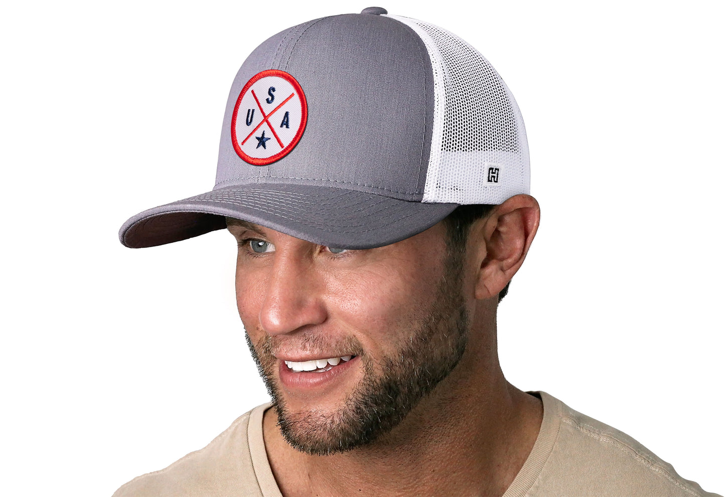 Gorra de camionero de EE. UU. | Gorra snapback americana gris y blanca