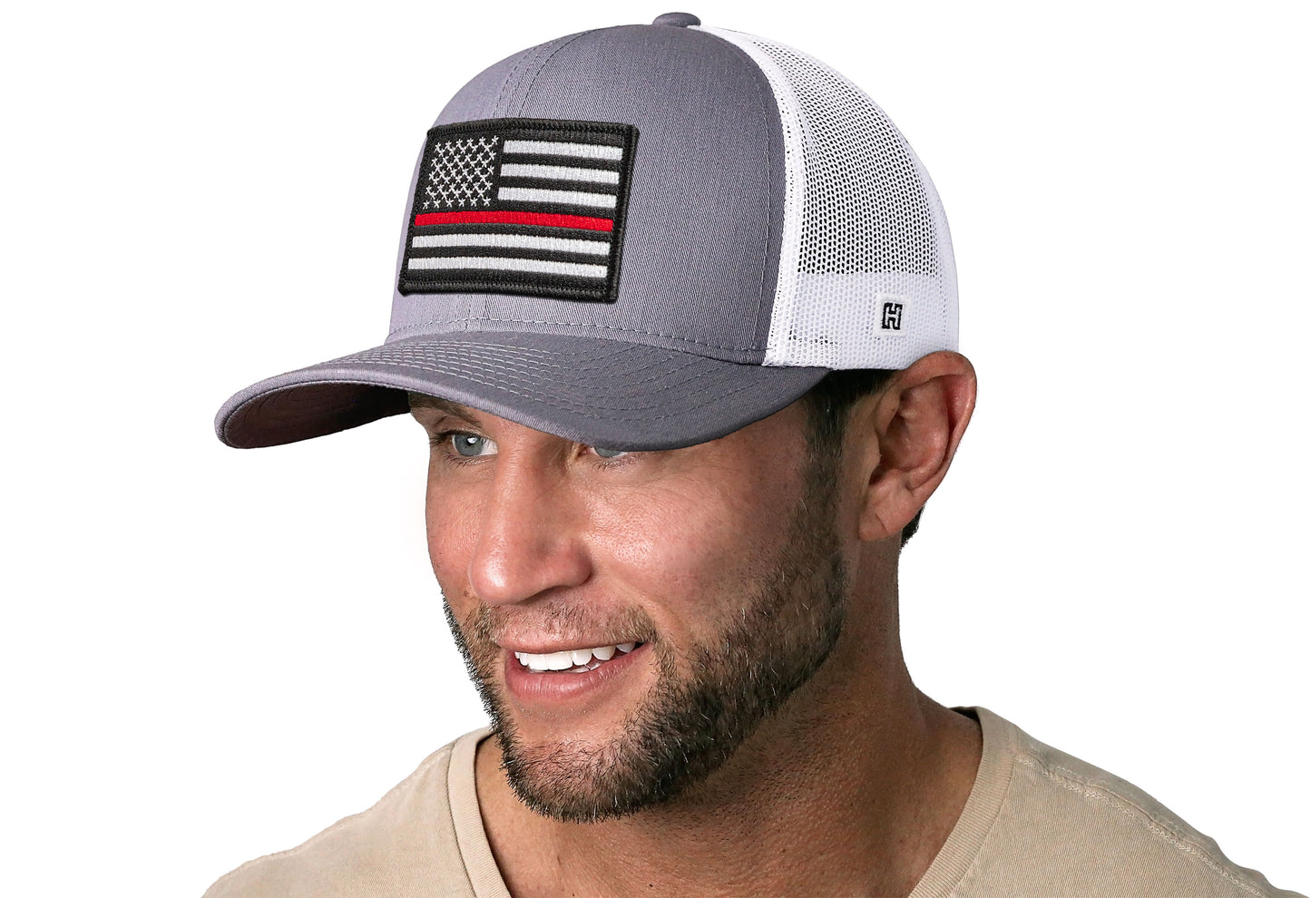 Thin Red Line Trucker Hat | Gray White Fire Snapback