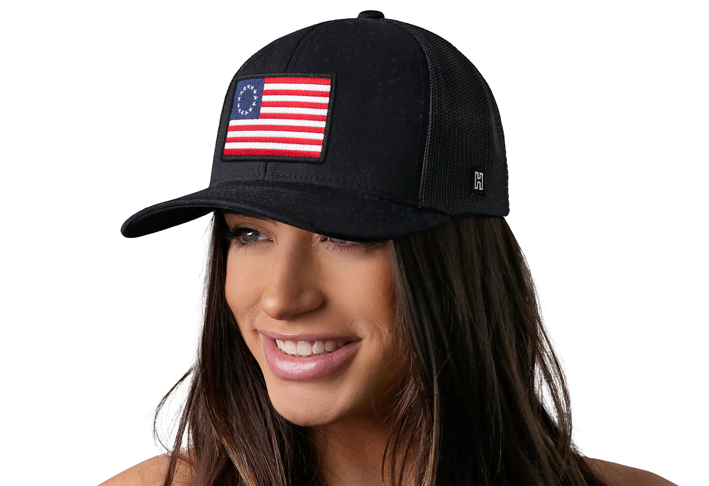Gorra de camionero con bandera de Betsy Ross | Snapback negra de EE. UU.