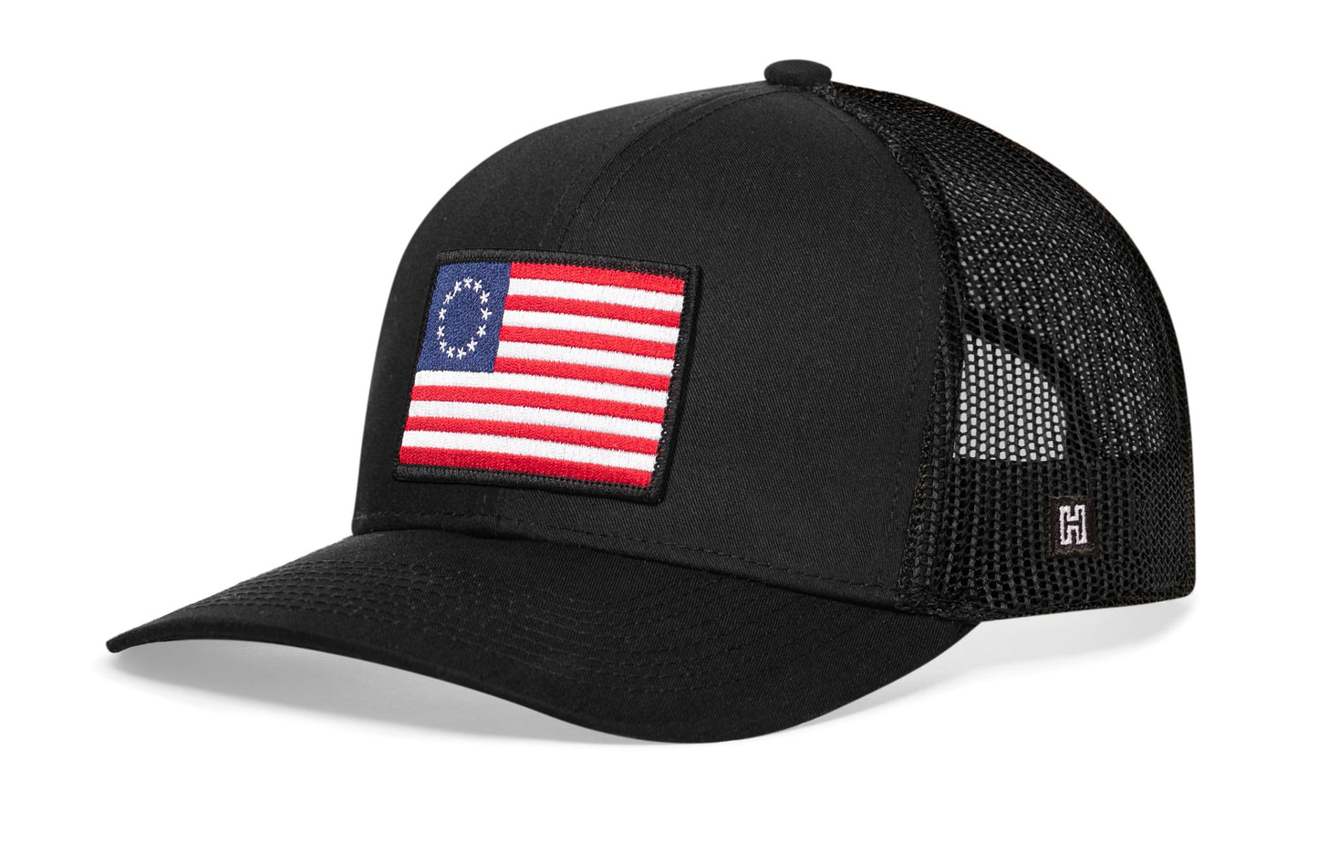 Gorra de camionero con bandera de Betsy Ross | Snapback negra de EE. UU.