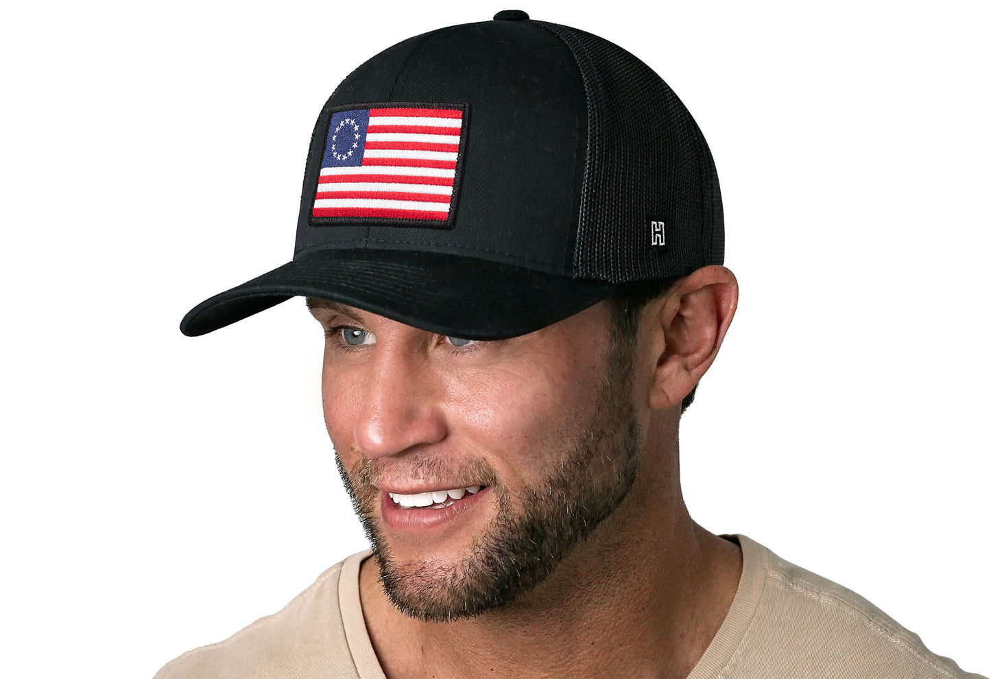 Gorra de camionero con bandera de Betsy Ross | Snapback negra de EE. UU.