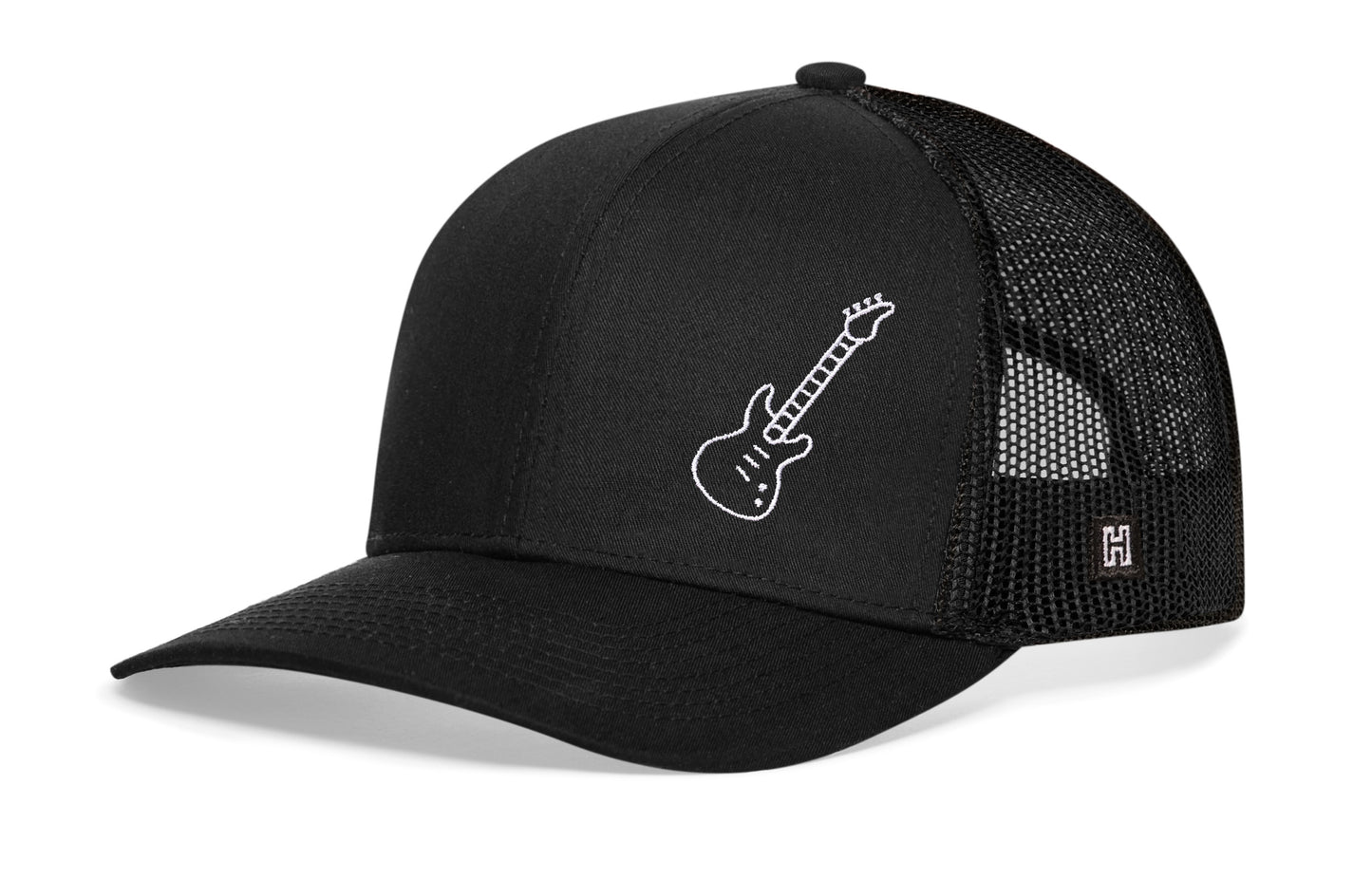 Gorra de camionero con bajo eléctrico | Gorra negra tipo snapback con guitarra eléctrica