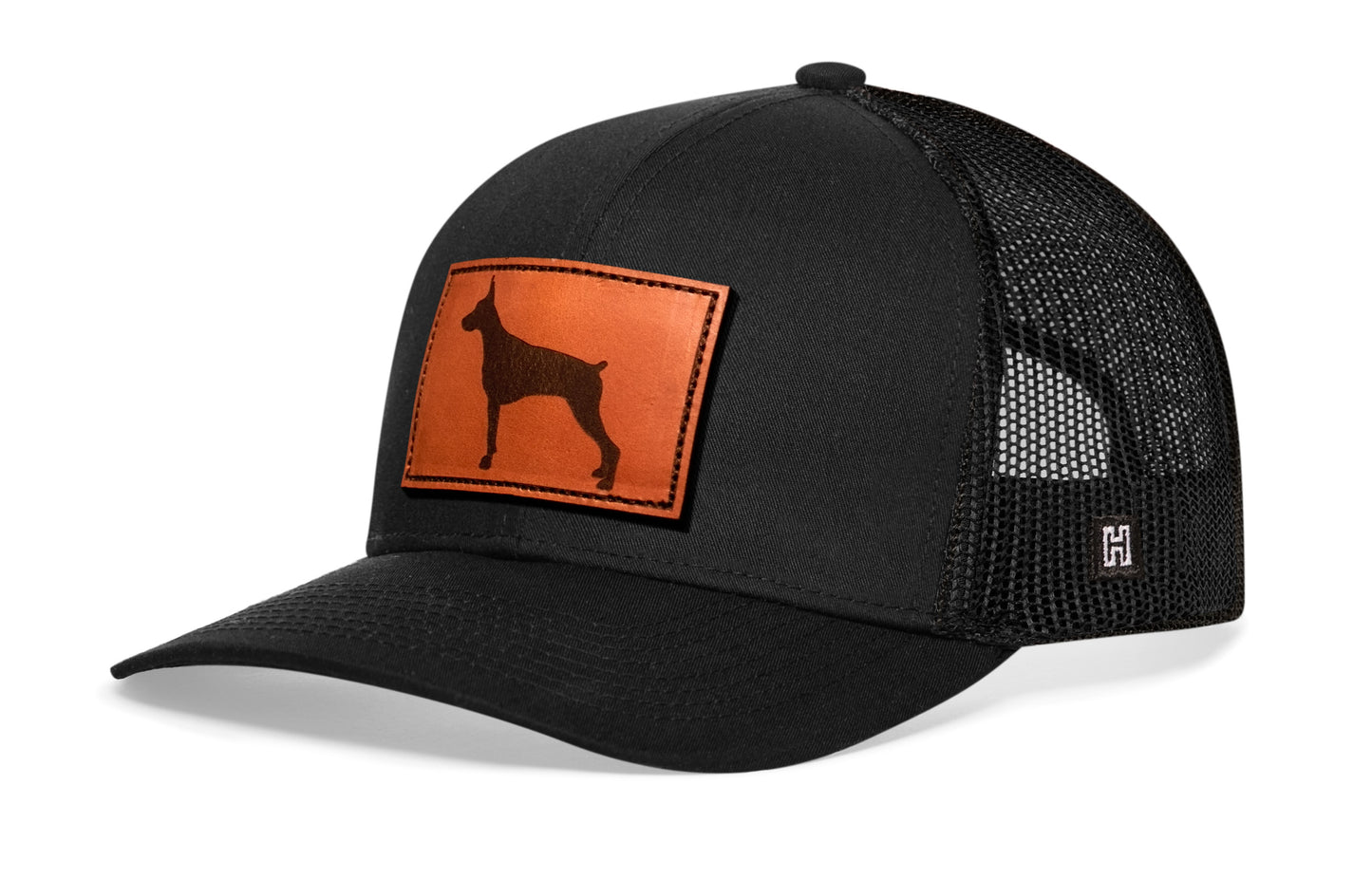 Gorra de camionero de cuero Doberman | Gorra Snapback de perro negra