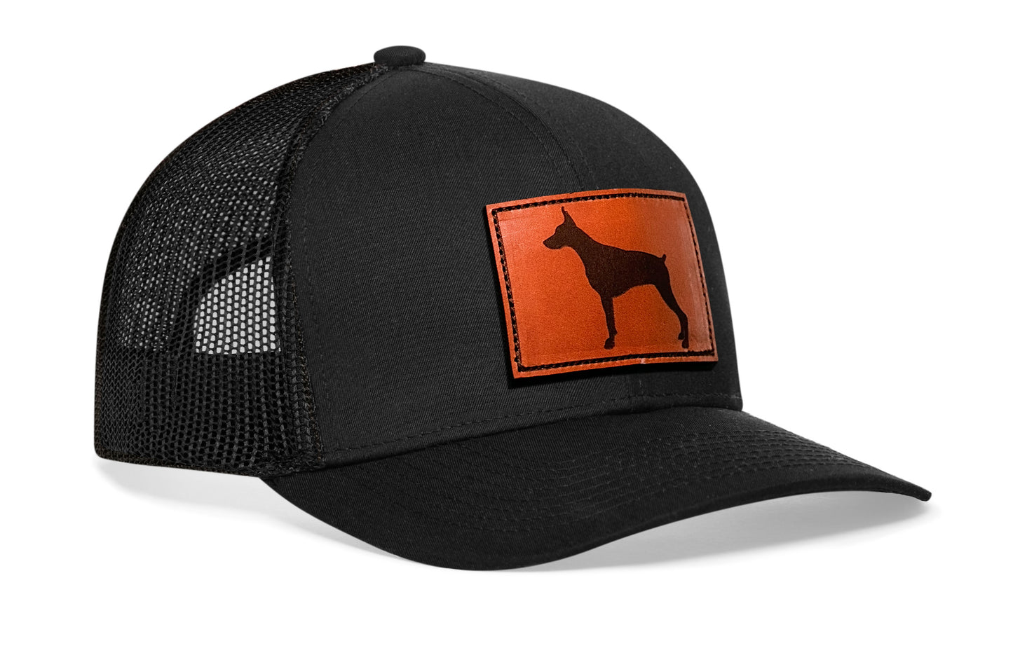 Gorra de camionero de cuero Doberman | Gorra Snapback de perro negra