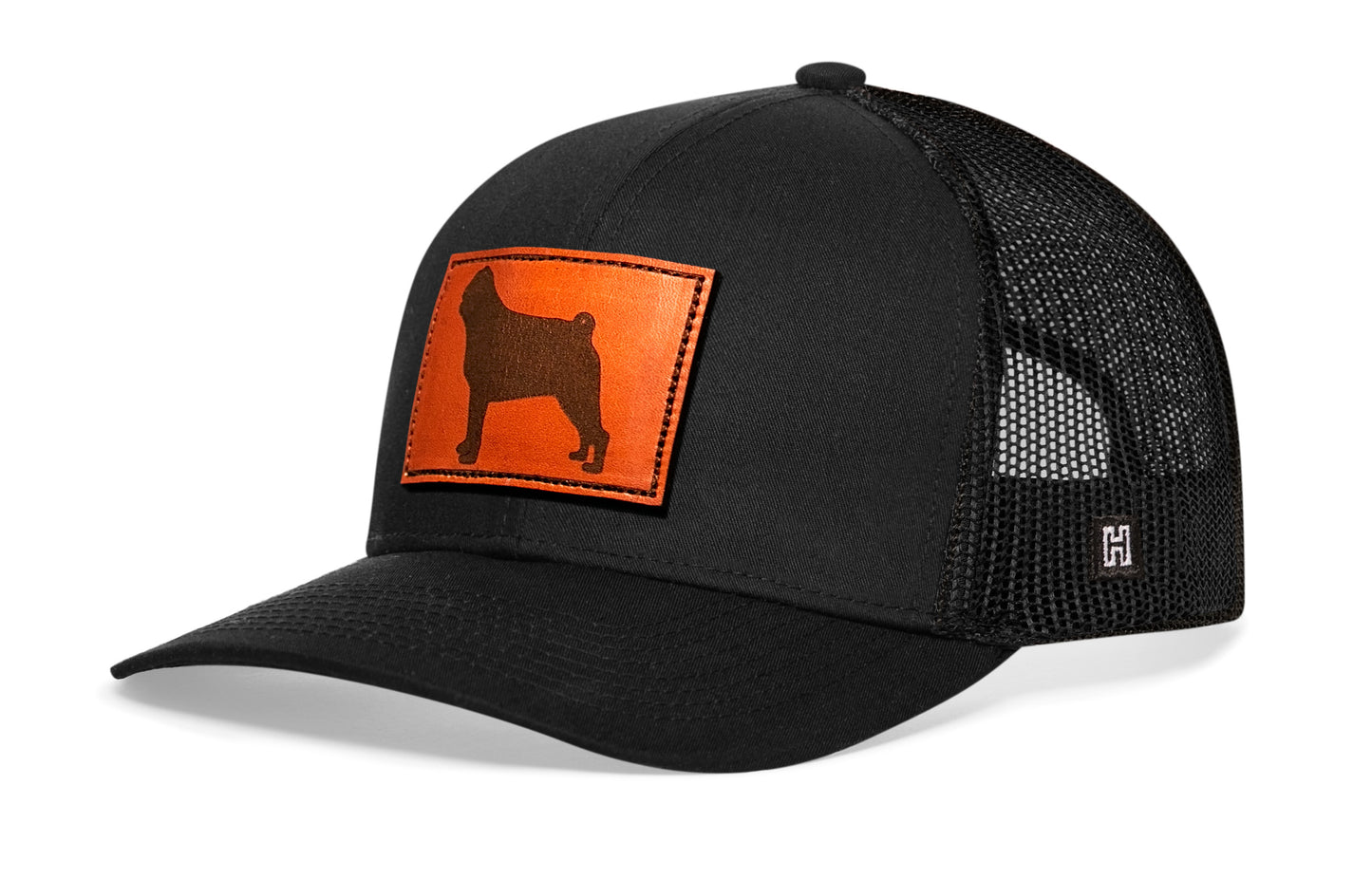 Gorra de camionero de cuero Pug | Gorra Snapback de perro negra