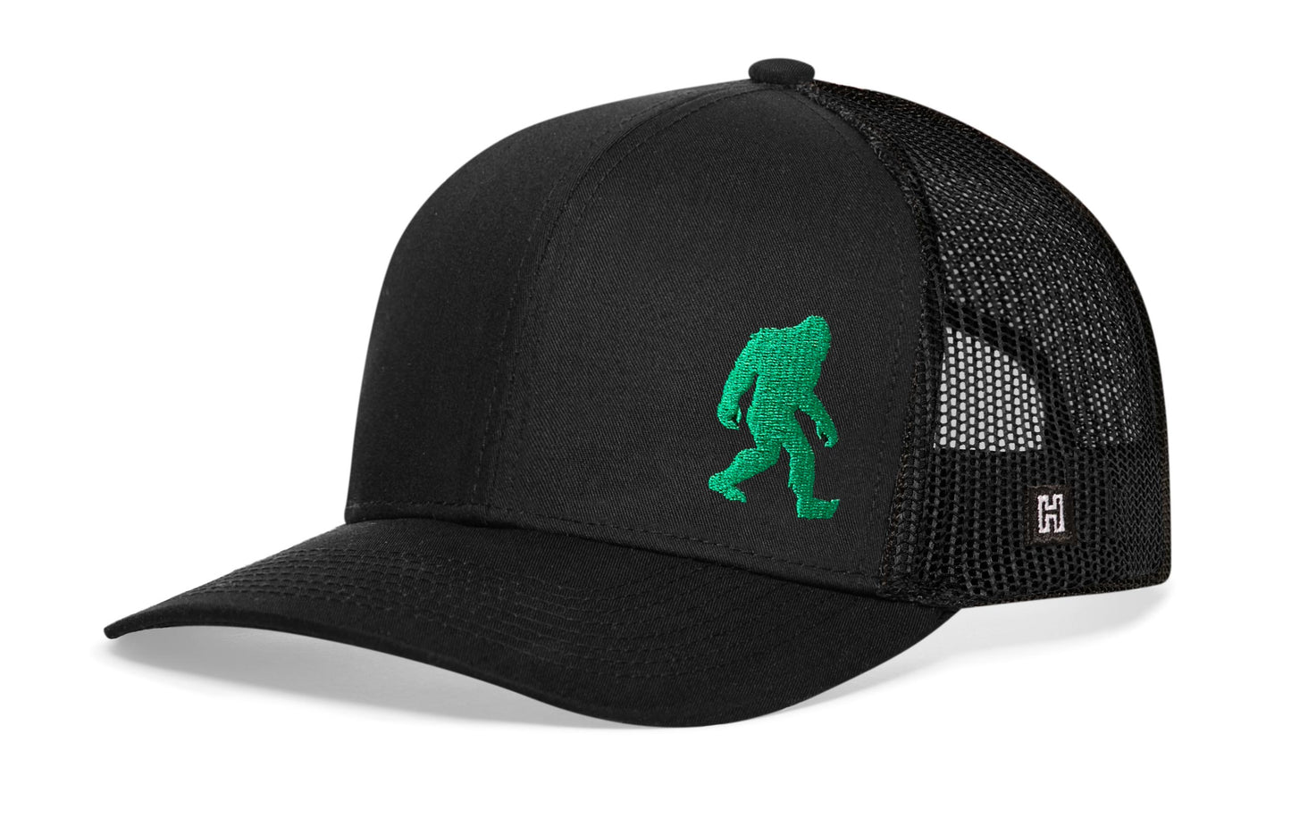 Green Bigfoot Trucker Hat | Black Sasquatch Snapback