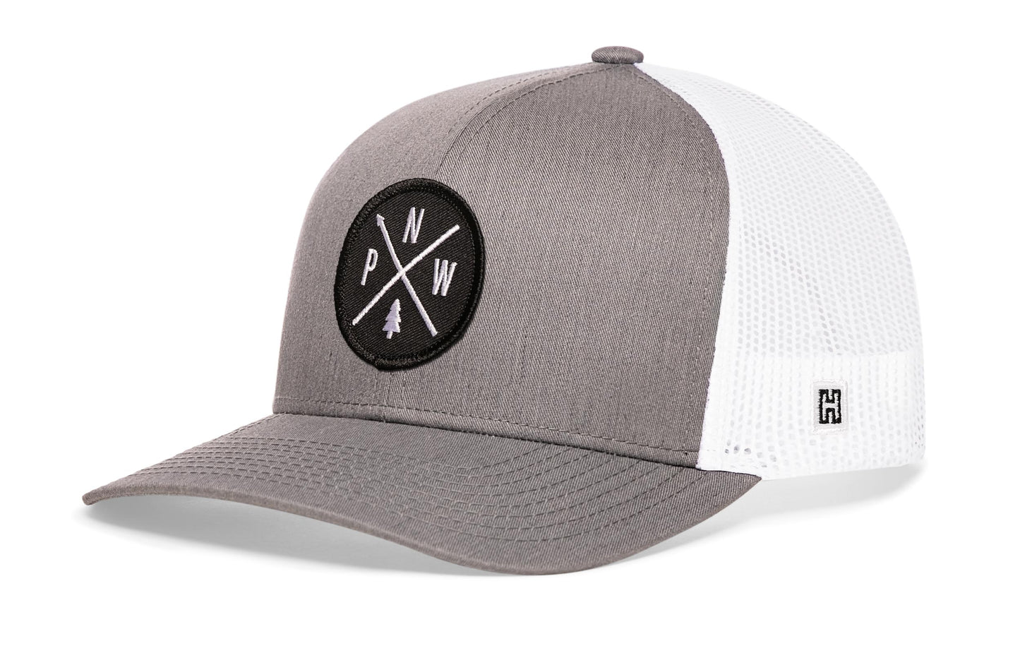 Gorra de camionero PNW | Gorra snapback gris y blanca del Pacífico Noroeste