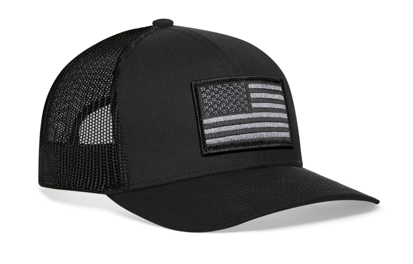 Black trucker hat viewed from the right side, showcasing a American Flag Embroidered Rectangle Patch prominently displayed on the front