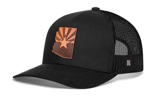 Haka Arizona Flag Trucker Hat Leather, Black snapback, fans of the Grand Canyon State. Copper State