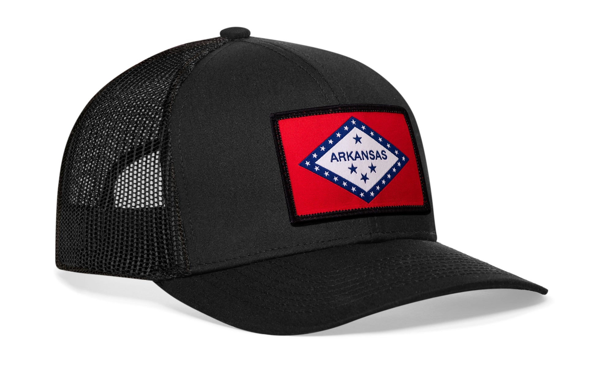 Black trucker hat viewed from the right side, showcasing a Arkansas Flag Embroidered Rectangle Patch prominently displayed on the front