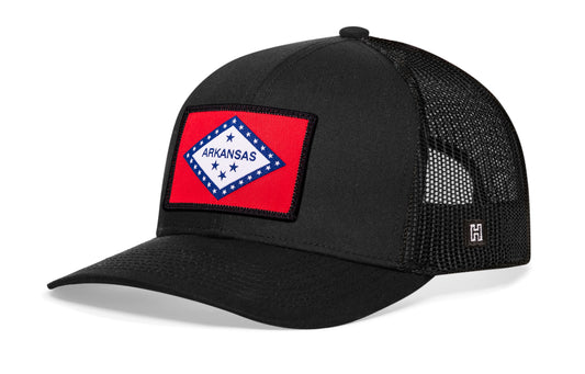 Haka Arkansas Flag Trucker Hat, Black snapback, lovers of Razorback Country. The Natural State