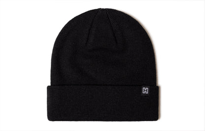 Black beanie viewed from the back side, no design.