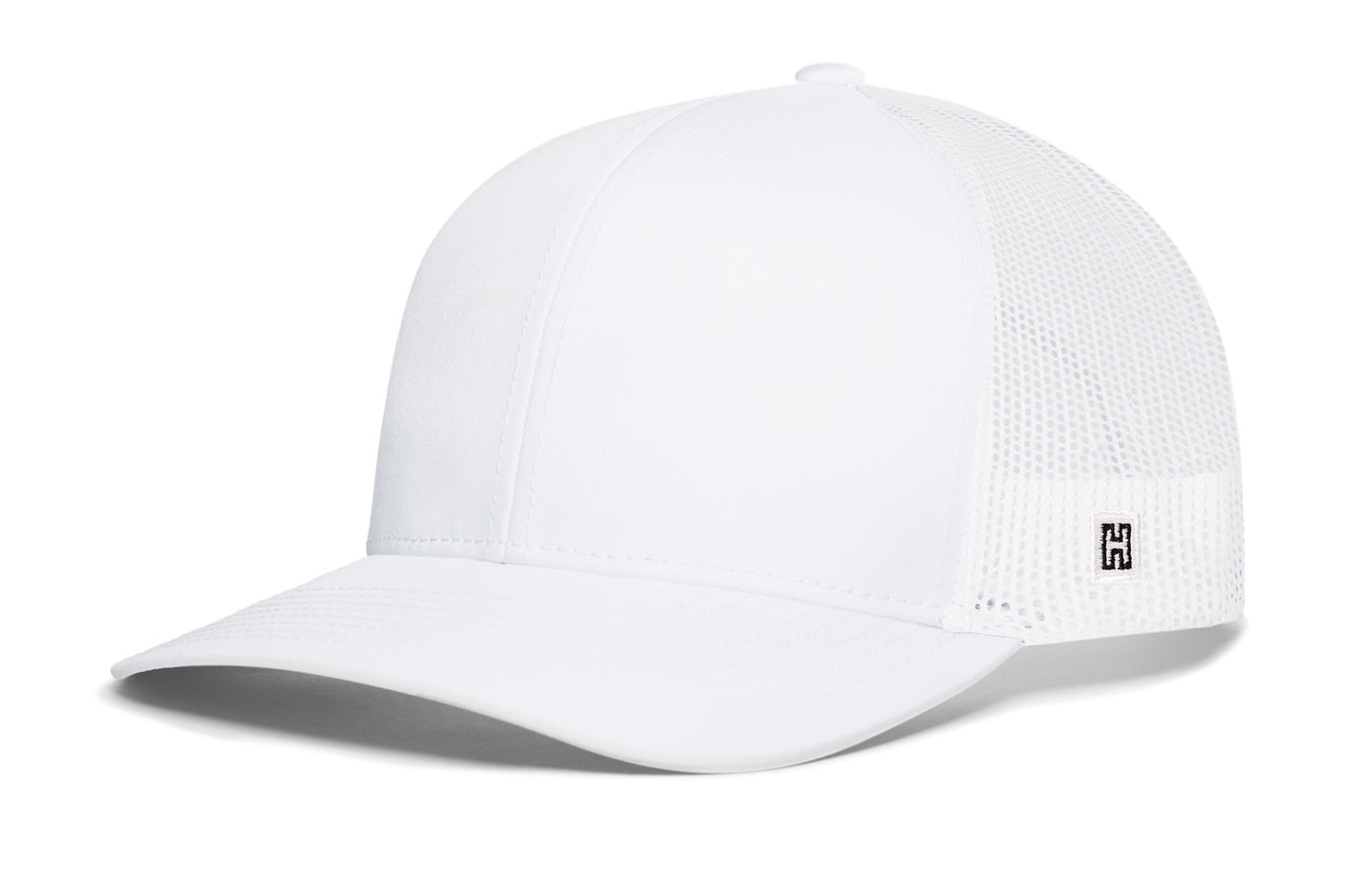 Blank Trucker Hat, white snapback showing Haka brandmark on left side mesh.
Ideal for custom patches, branding, or blank fashion wear.