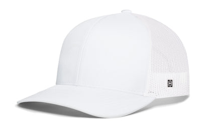 Blank Trucker Hat, white snapback showing Haka brandmark on left side mesh.
Ideal for custom patches, branding, or blank fashion wear.