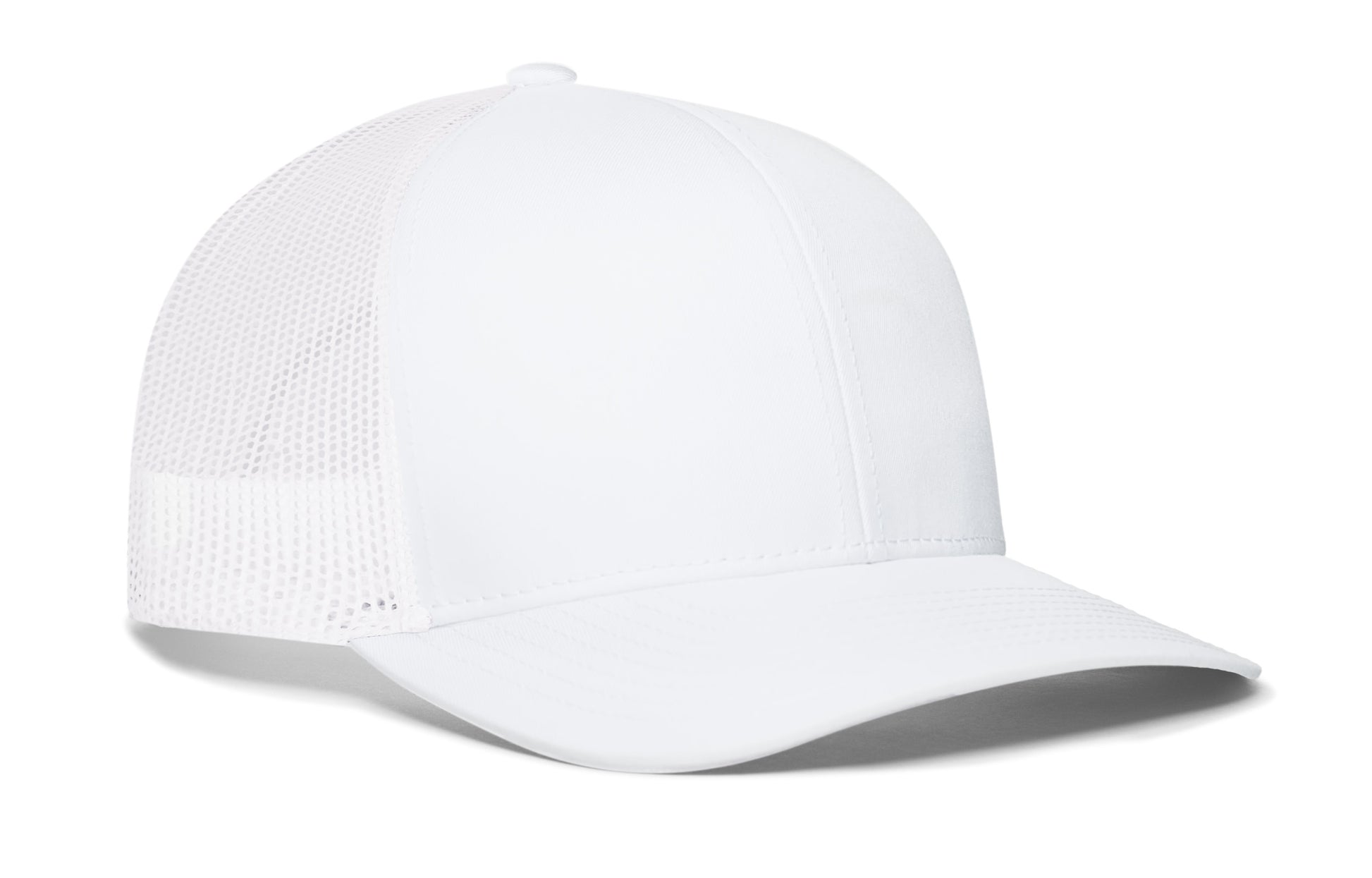 white trucker hat viewed from the left side