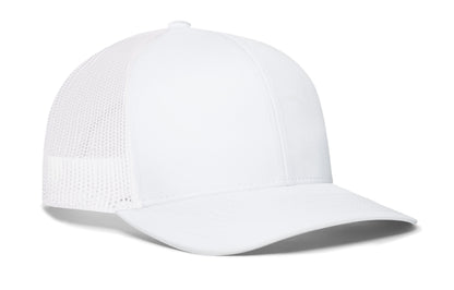 white trucker hat viewed from the left side