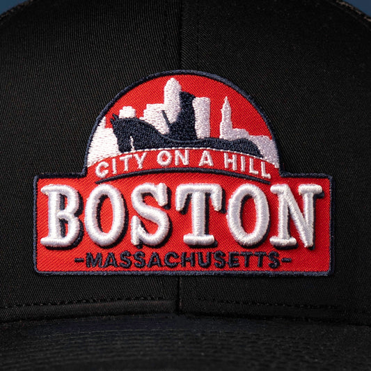 Patch detail showcasing a Boston Cityscape Embroidered Patch up close