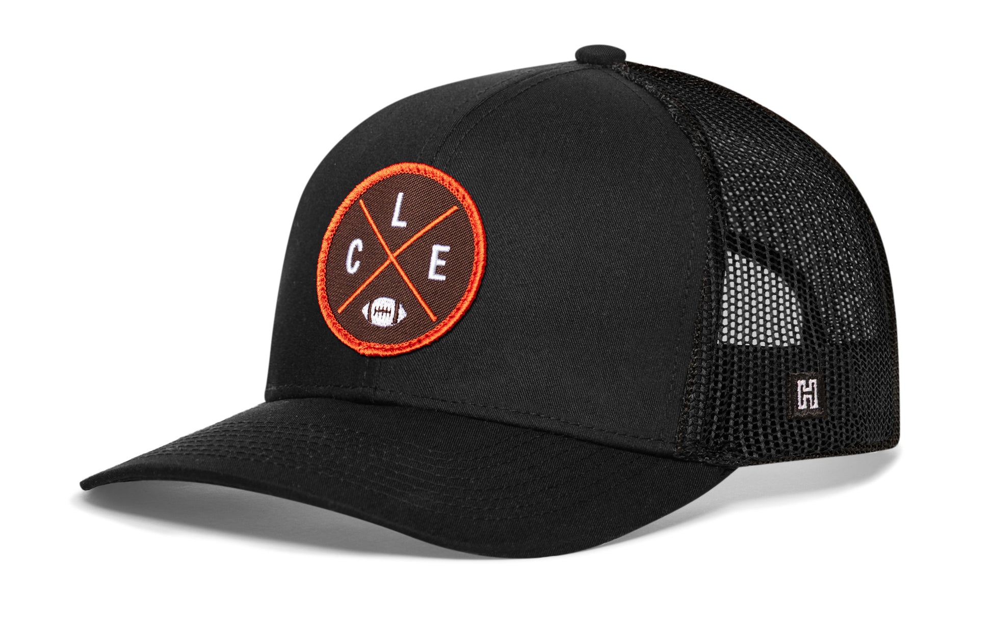 Haka Cleveland trucker hat, black snapback, viewed from the left side. Represent Cleveland football.