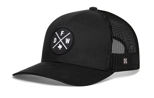 Dallas-Fort Worth Trucker Hat, black snapback showing Haka brandmark on left side mesh.
Rep Dallas - Forth Worth, TX.