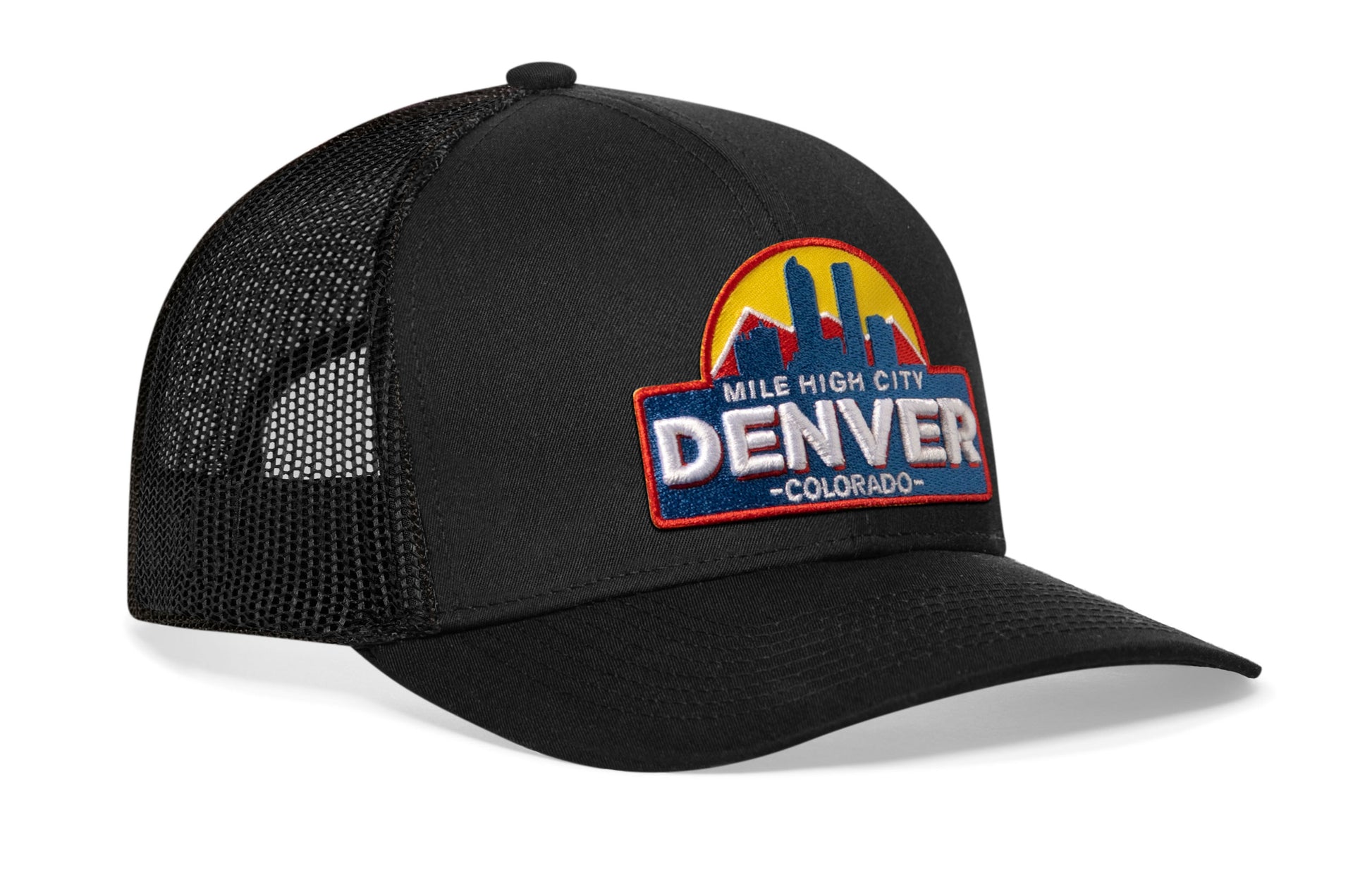 Black trucker hat viewed from the right side, showcasing a Denver Cityscape Embroidered Patch prominently displayed on the front