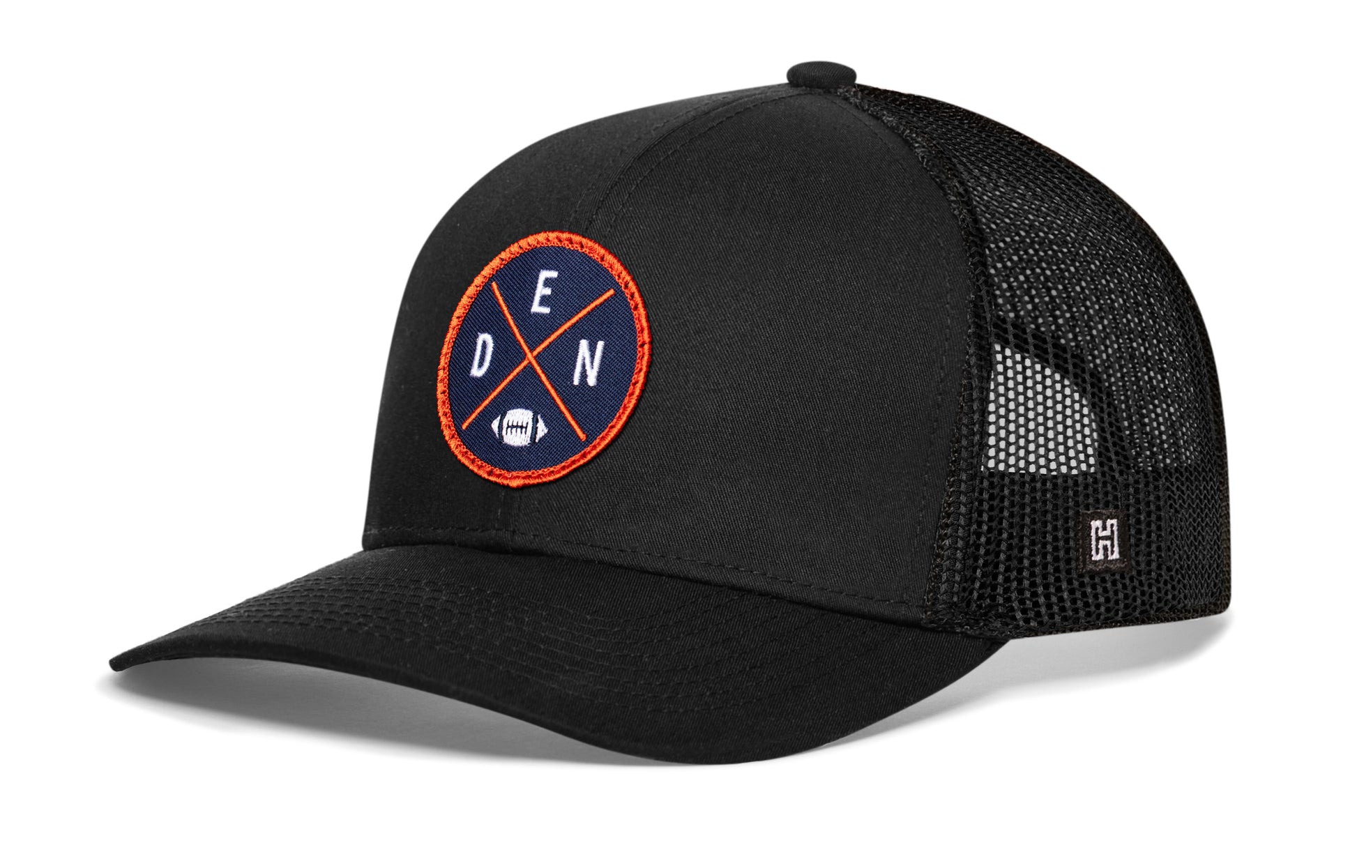 Haka Denver trucker hat, black snapback, viewed from the left side. Represent Denver football.